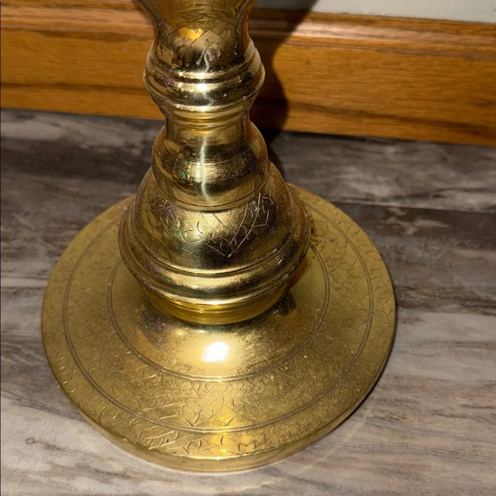 Vintage Tall ornate Etched Shiny Brass Vase 17 in w glittery gold arrangement